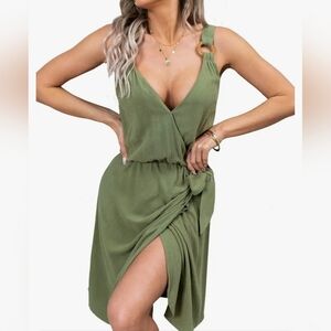Cupshe V Neck Summer Linen Blend Faux Wrap Dress Size Large NwT Green Pullover